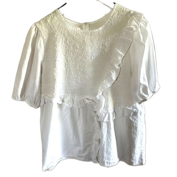 White Ruffled Puff Sleeve Blouse Womens Medium 6 8 Short - Picture 1 of 6